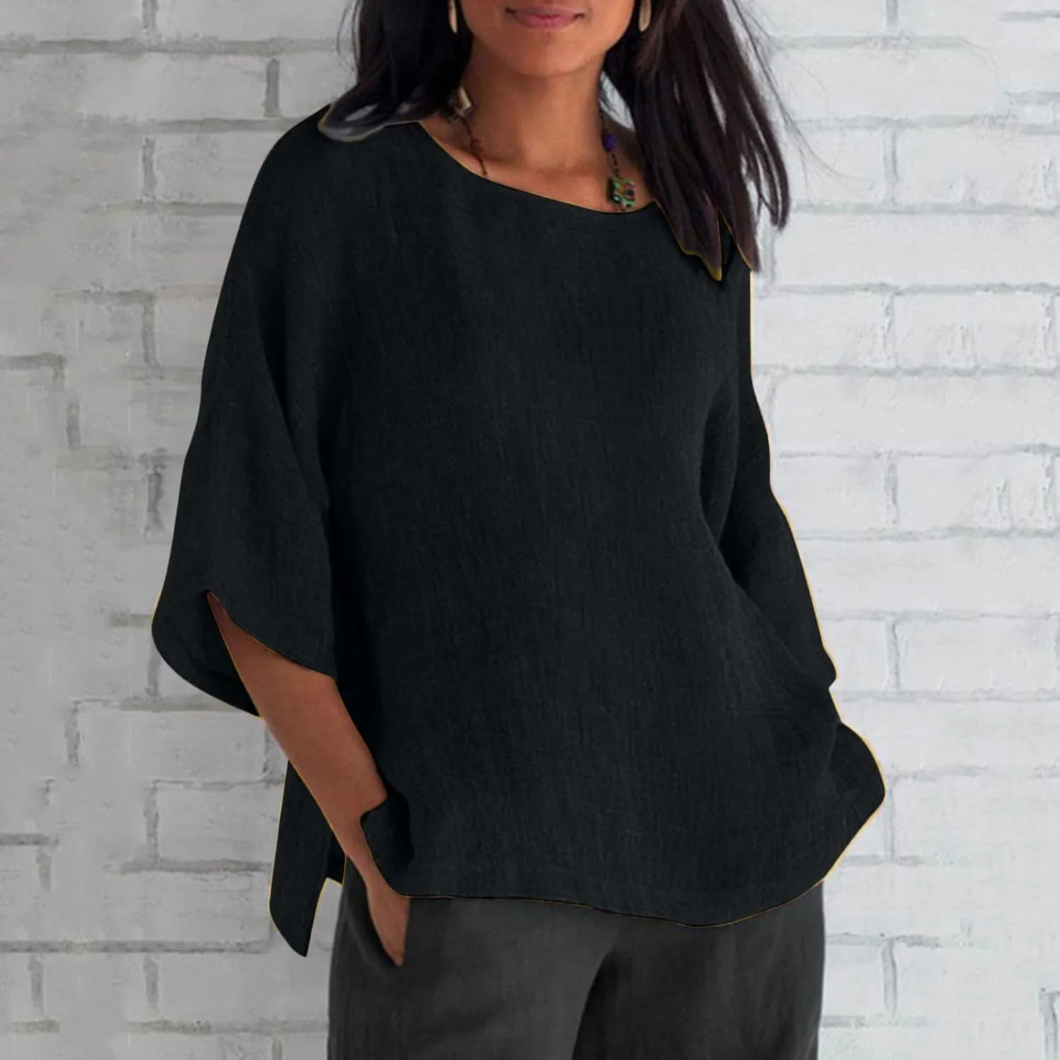 Cotton Linen Top for Women Plus Size 3/4 Sleeve Casual Summer Blouse T Shirt Fashion Side Split Loose Tunic Shirts