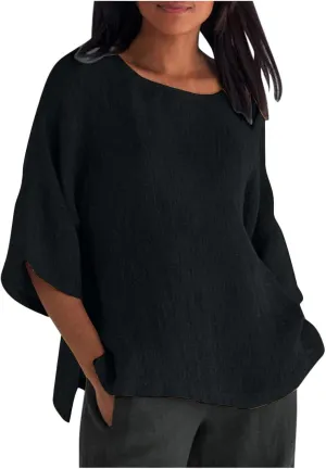 Cotton Linen Top for Women Plus Size 3/4 Sleeve Casual Summer Blouse T Shirt Fashion Side Split Loose Tunic Shirts
