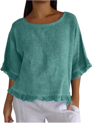 Cotton Linen Tops for Women Summer Casual 3/4 Sleeve T Shirts Lightweight Ruffle Hem Flowy Blouses Tees