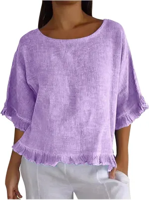 Cotton Linen Tops for Women Summer Casual 3/4 Sleeve T Shirts Lightweight Ruffle Hem Flowy Blouses Tees