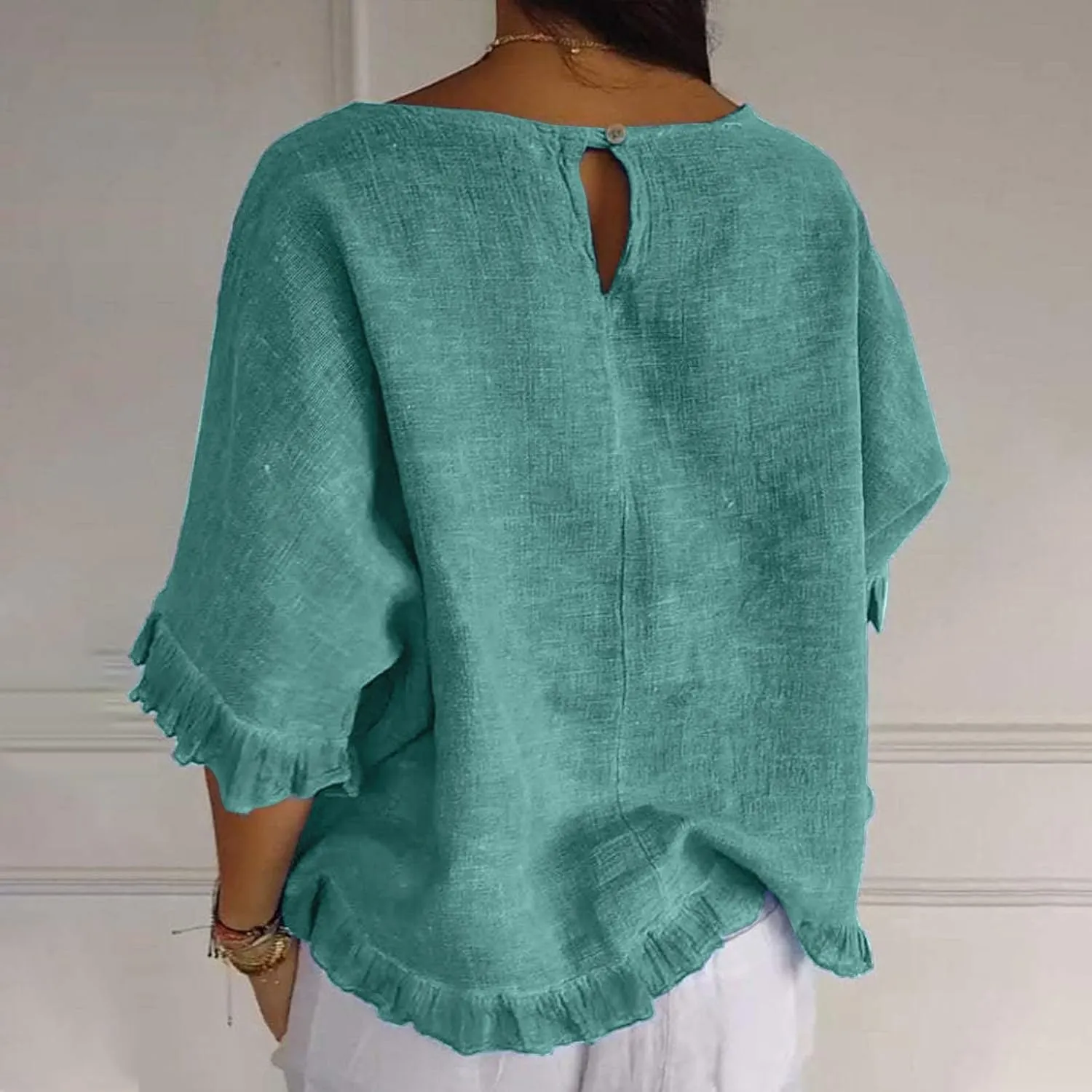 Cotton Linen Tops for Women Summer Casual 3/4 Sleeve T Shirts Lightweight Ruffle Hem Flowy Blouses Tees