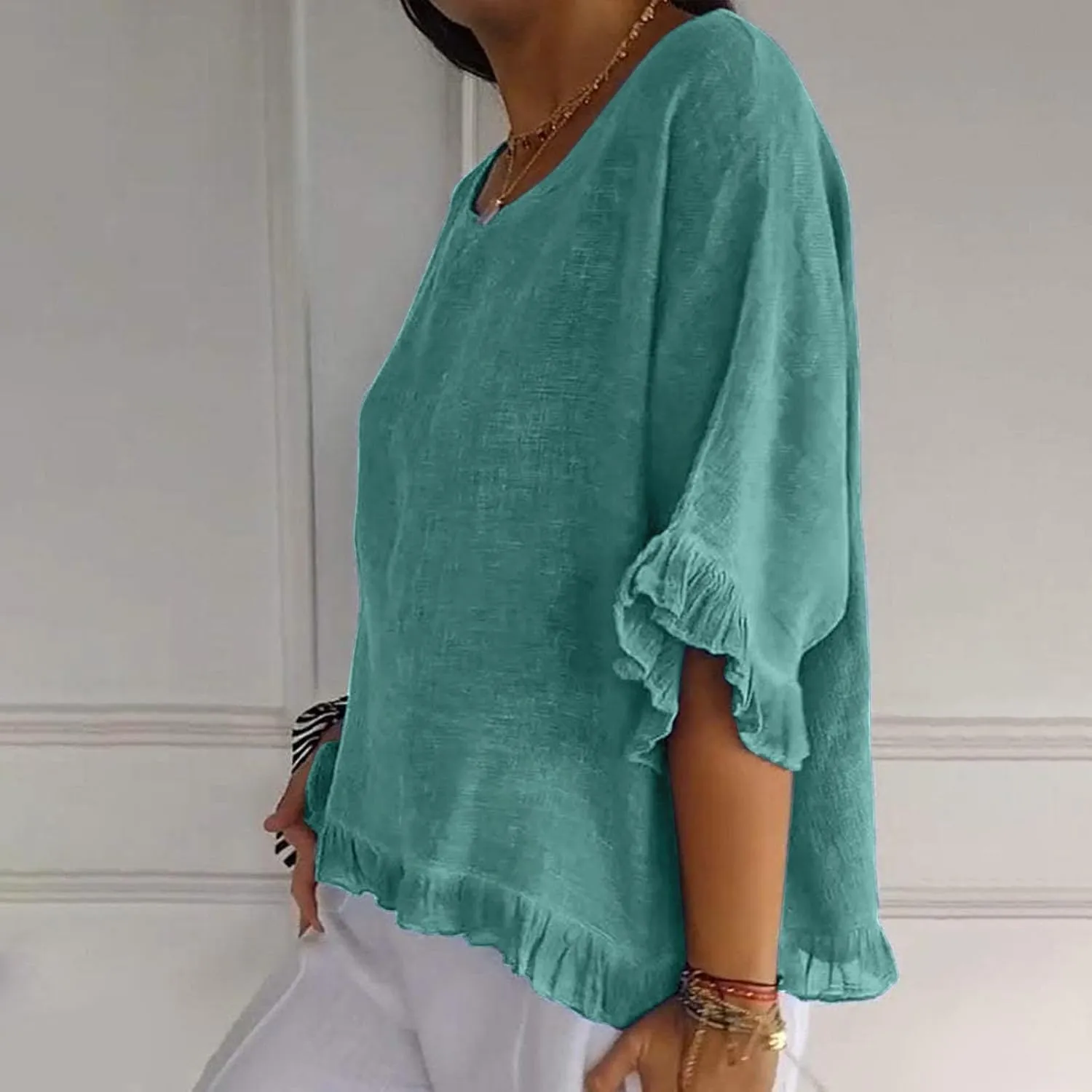 Cotton Linen Tops for Women Summer Casual 3/4 Sleeve T Shirts Lightweight Ruffle Hem Flowy Blouses Tees