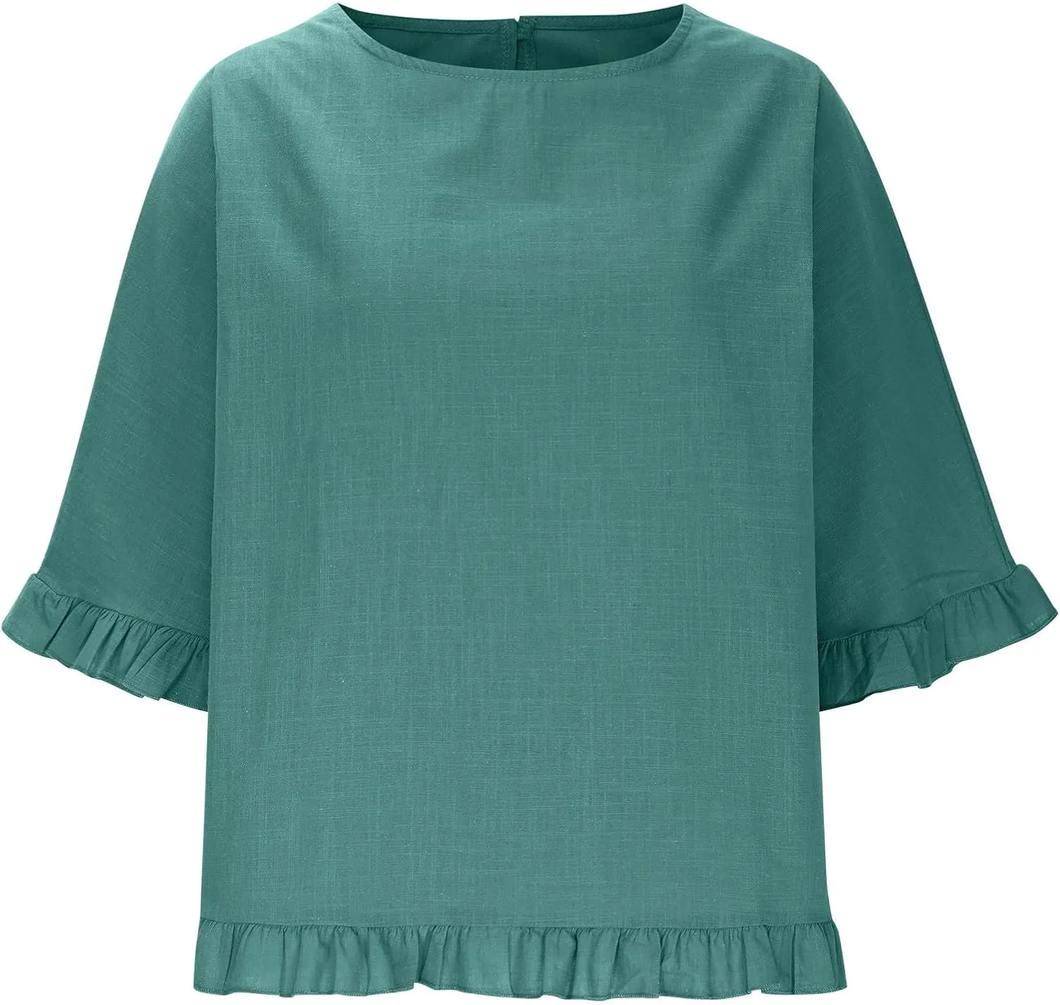 Cotton Linen Tops for Women Summer Casual 3/4 Sleeve T Shirts Lightweight Ruffle Hem Flowy Blouses Tees