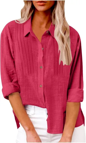 Cotton Linen Tops for Women Summer Solid Color Button Down Long Sleeve Shirts Casual Fashion Loose Pleated Blouse