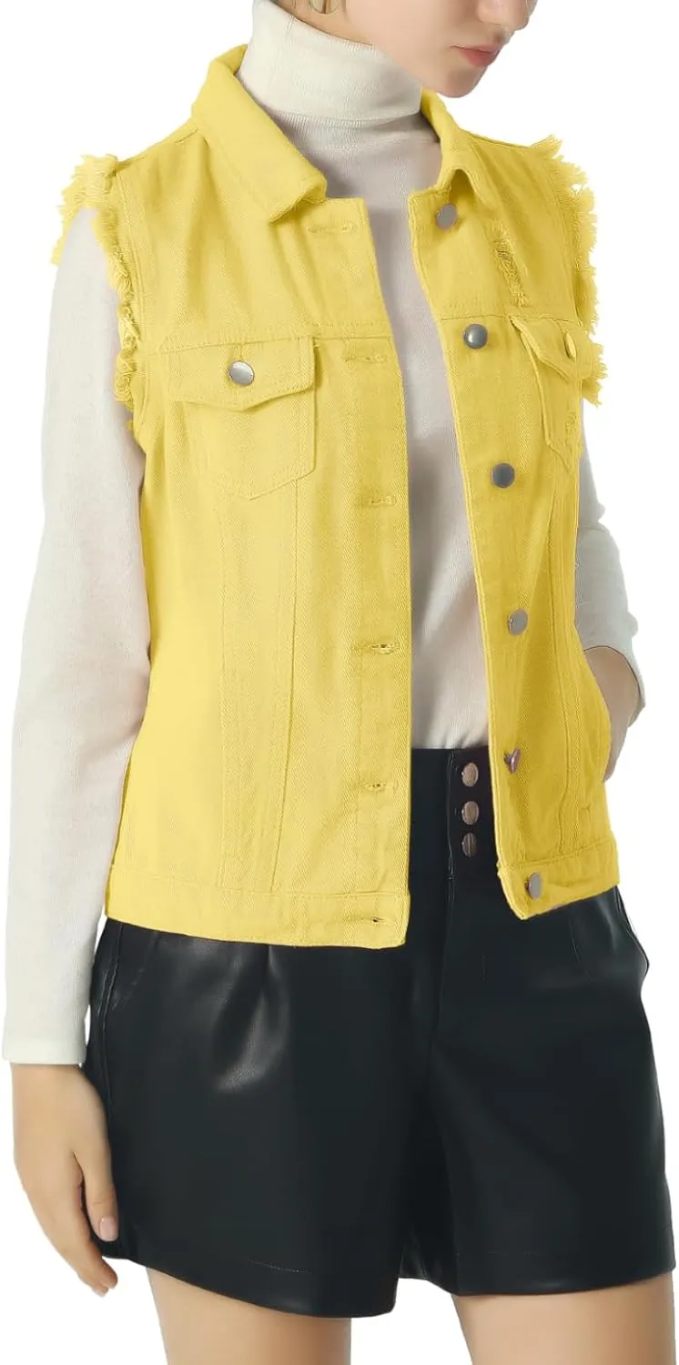 ebossy Women's Candy Color Slim Fit Sleeveless Distressed Denim Jean Vest Jacket
