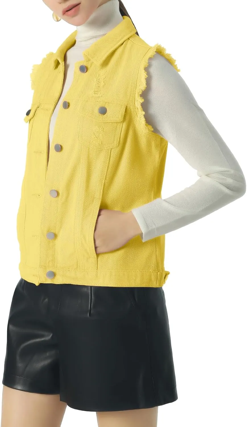 ebossy Women's Candy Color Slim Fit Sleeveless Distressed Denim Jean Vest Jacket