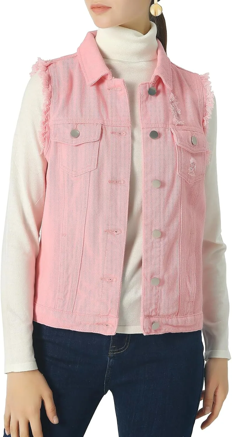 ebossy Women's Candy Color Slim Fit Sleeveless Distressed Denim Jean Vest Jacket