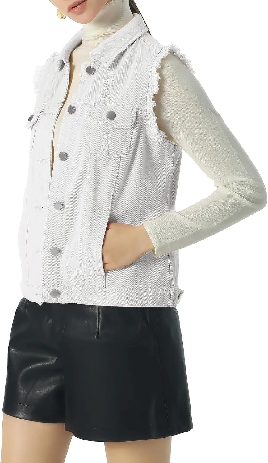ebossy Women's Candy Color Slim Fit Sleeveless Distressed Denim Jean Vest Jacket