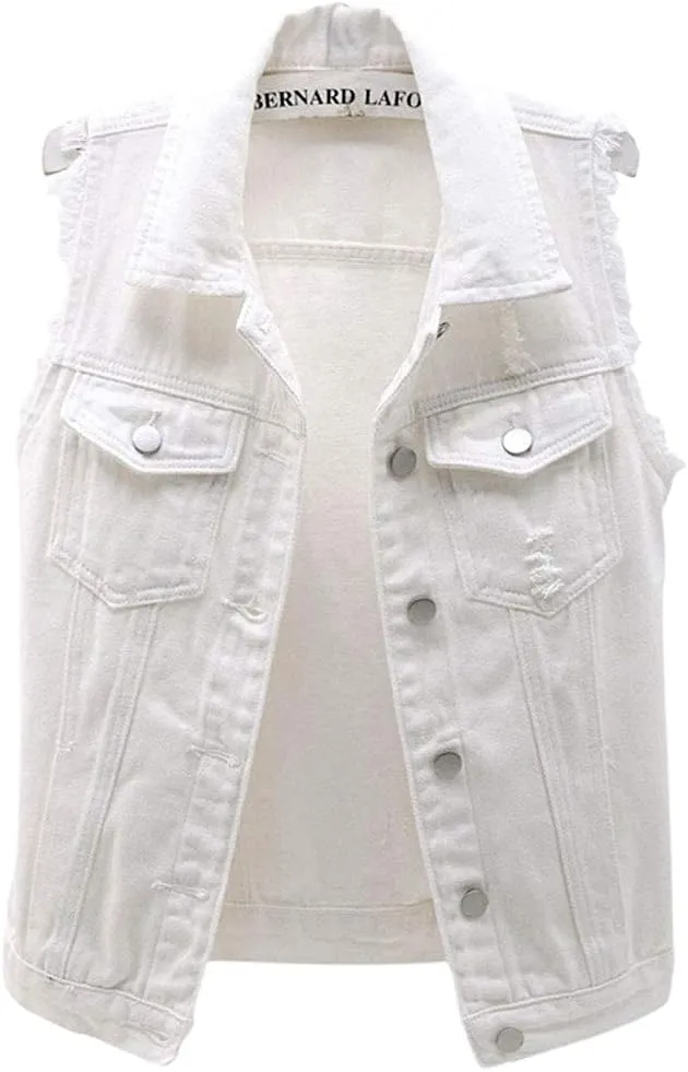 ebossy Women's Candy Color Slim Fit Sleeveless Distressed Denim Jean Vest Jacket