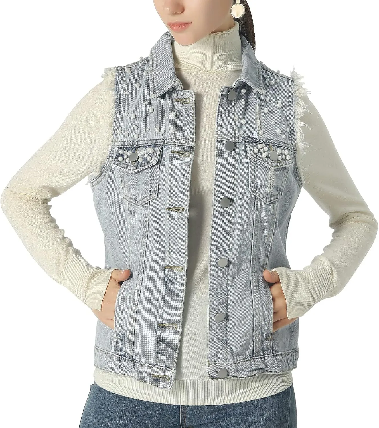 ebossy Women's Candy Color Slim Fit Sleeveless Distressed Denim Jean Vest Jacket