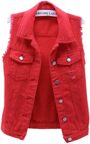ebossy Women's Candy Color Slim Fit Sleeveless Distressed Denim Jean Vest Jacket