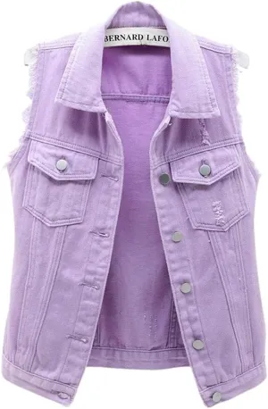 ebossy Women's Candy Color Slim Fit Sleeveless Distressed Denim Jean Vest Jacket