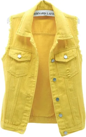 ebossy Women's Candy Color Slim Fit Sleeveless Distressed Denim Jean Vest Jacket