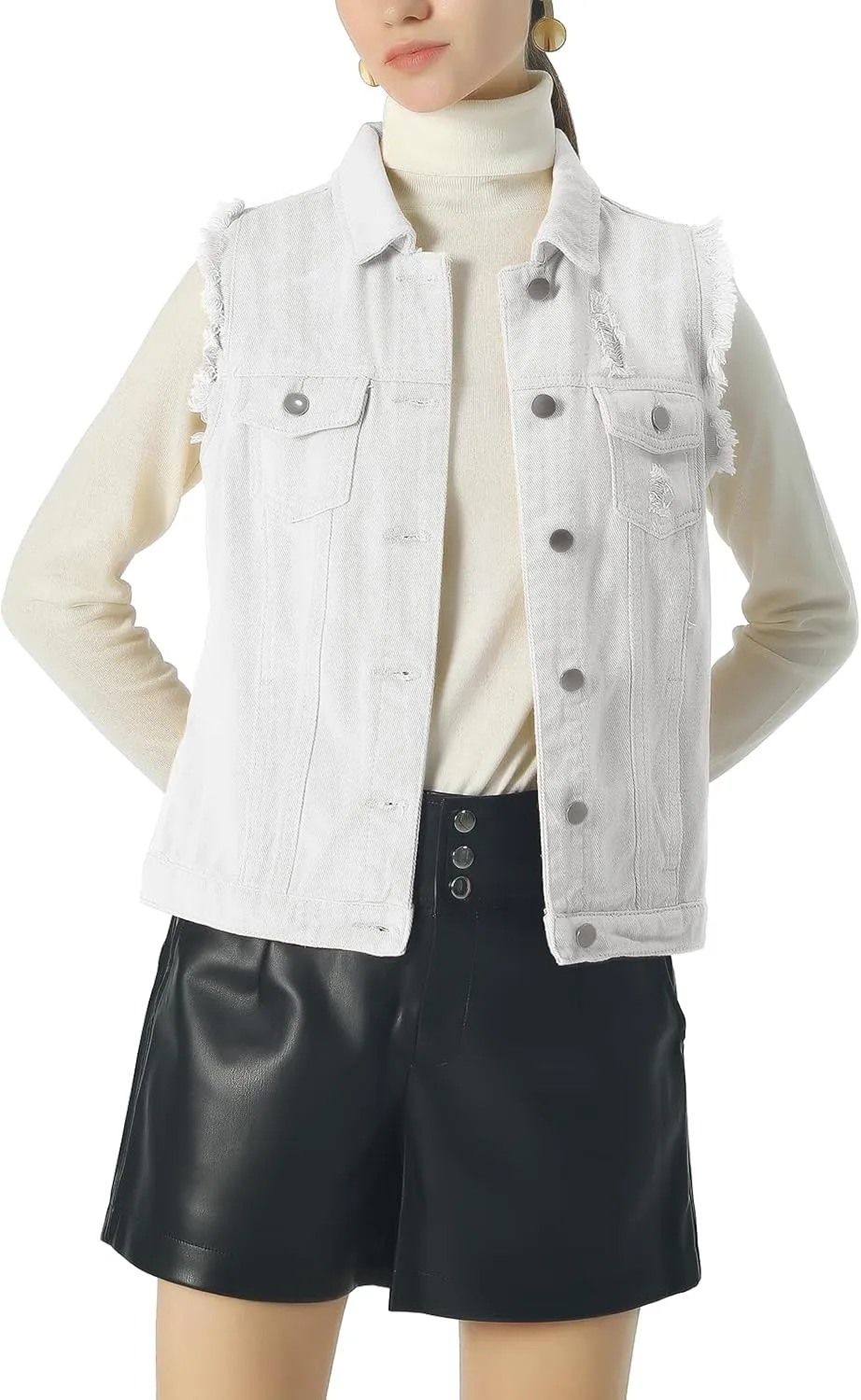 ebossy Women's Candy Color Slim Fit Sleeveless Distressed Denim Jean Vest Jacket