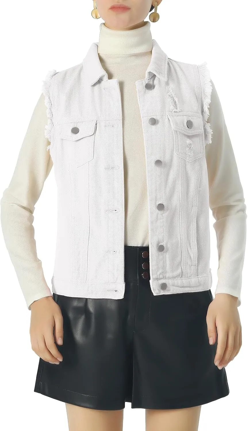 ebossy Women's Candy Color Slim Fit Sleeveless Distressed Denim Jean Vest Jacket