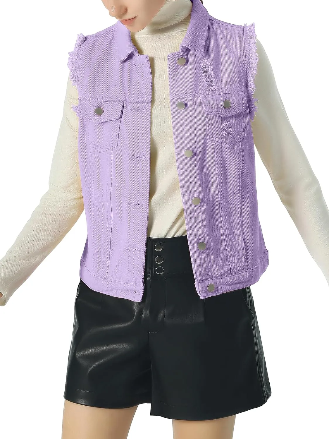 ebossy Women's Candy Color Slim Fit Sleeveless Distressed Denim Jean Vest Jacket