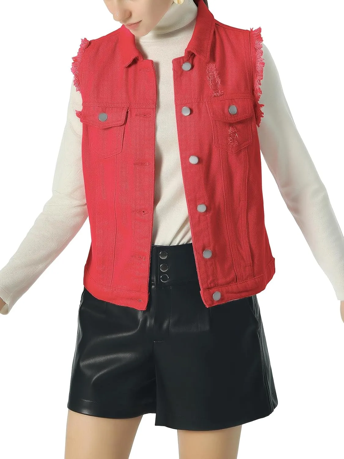 ebossy Women's Candy Color Slim Fit Sleeveless Distressed Denim Jean Vest Jacket