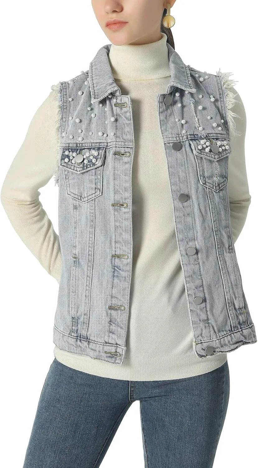 ebossy Women's Candy Color Slim Fit Sleeveless Distressed Denim Jean Vest Jacket