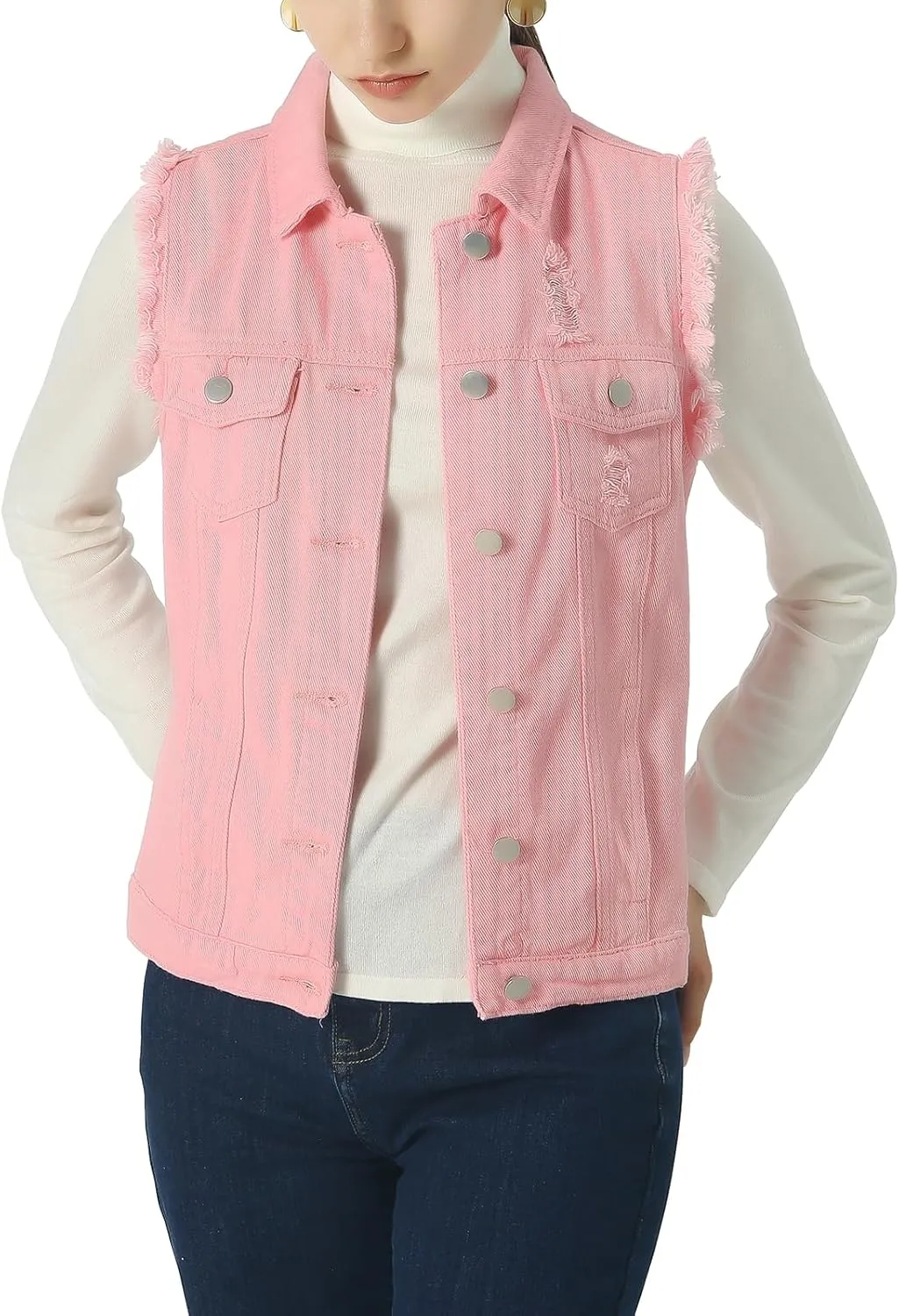 ebossy Women's Candy Color Slim Fit Sleeveless Distressed Denim Jean Vest Jacket