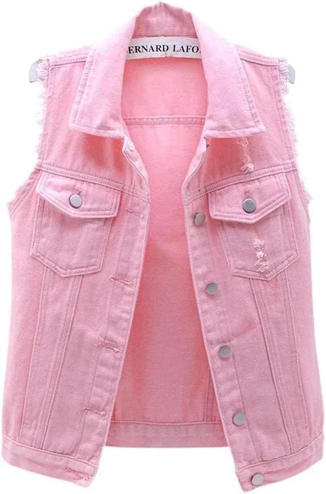 ebossy Women's Candy Color Slim Fit Sleeveless Distressed Denim Jean Vest Jacket