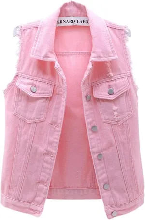 ebossy Women's Candy Color Slim Fit Sleeveless Distressed Denim Jean Vest Jacket