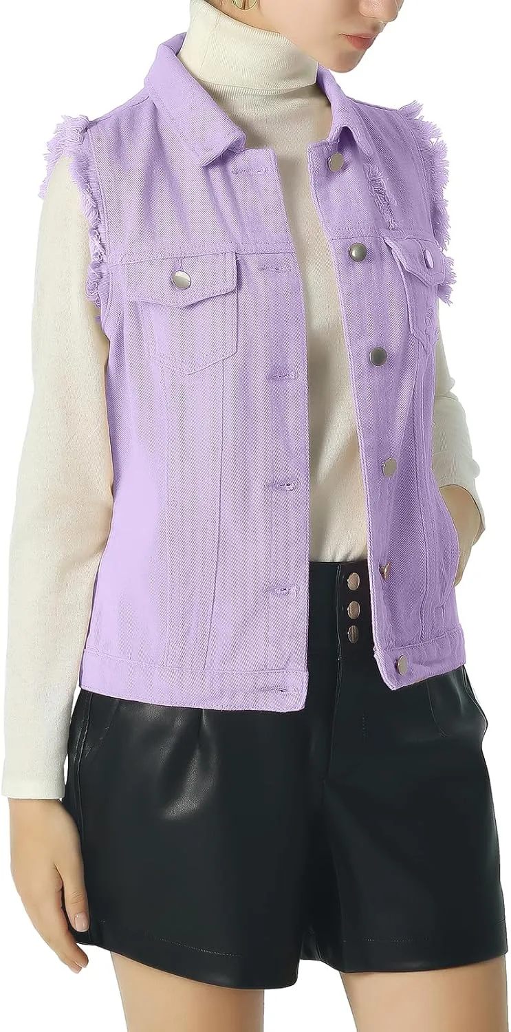 ebossy Women's Candy Color Slim Fit Sleeveless Distressed Denim Jean Vest Jacket