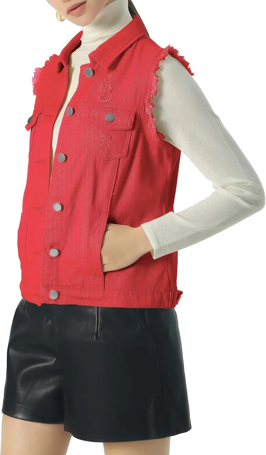 ebossy Women's Candy Color Slim Fit Sleeveless Distressed Denim Jean Vest Jacket