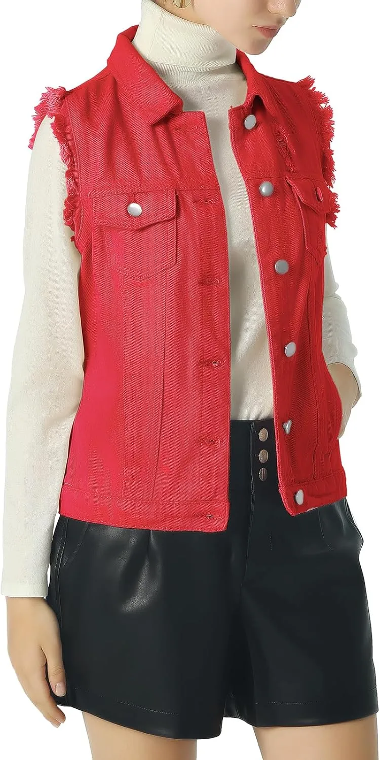 ebossy Women's Candy Color Slim Fit Sleeveless Distressed Denim Jean Vest Jacket