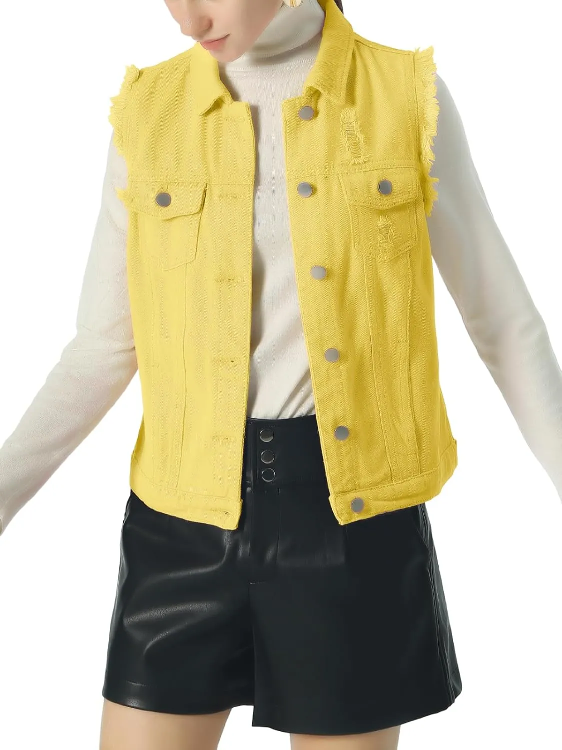 ebossy Women's Candy Color Slim Fit Sleeveless Distressed Denim Jean Vest Jacket