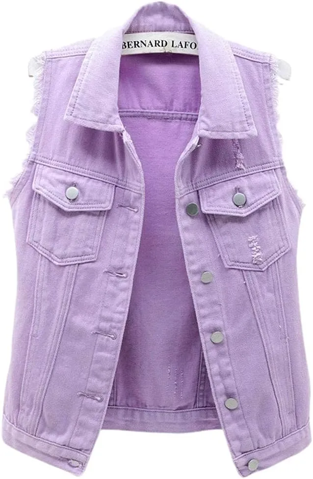 ebossy Women's Candy Color Slim Fit Sleeveless Distressed Denim Jean Vest Jacket