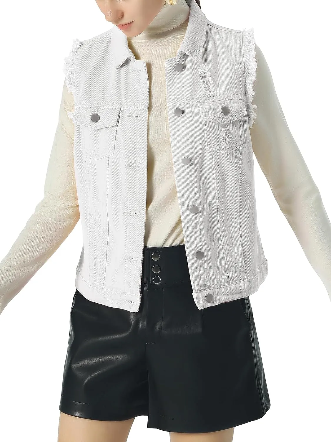 ebossy Women's Candy Color Slim Fit Sleeveless Distressed Denim Jean Vest Jacket