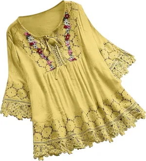Embroidered Tops for Women Plus Size Vintage Lace Patchwork Bow V-Neck Tops Half Sleeve Boho Cute Mexican T-Shirt