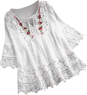 Embroidered Tops for Women Plus Size Vintage Lace Patchwork Bow V-Neck Tops Half Sleeve Boho Cute Mexican T-Shirt