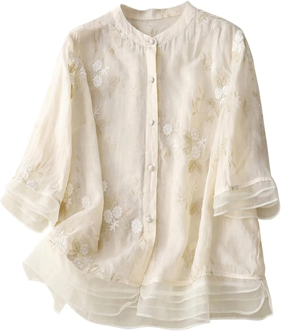 Embroidery Tops for Women Casual Mexican Cotton Linen Blouse Boho Short Sleeve Tshirt Summer Fiesta Shirts