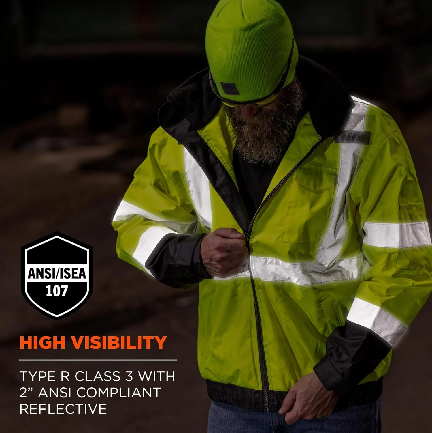 Ergodyne Unisex-Adult 3-in-1 Hi-Vis Winter Bomber Jacket, Lime, Large US