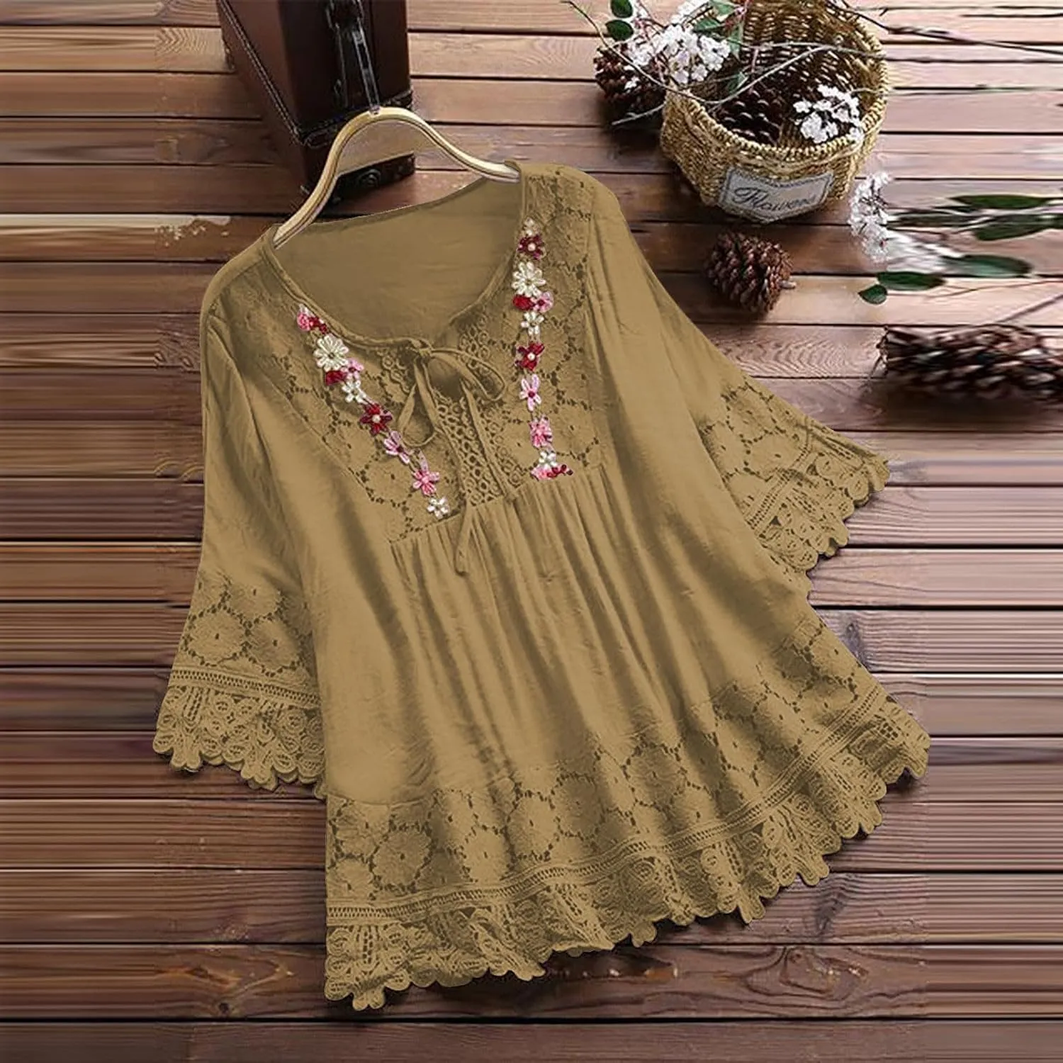 Finelylove Womens Cotton Linen Embroidered Tops Loose Fit 3/4 Sleeve Boho Peasant Blouse Lace Shirts Summer Clothes 2025