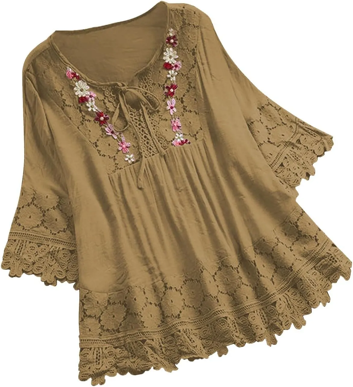 Finelylove Womens Cotton Linen Embroidered Tops Loose Fit 3/4 Sleeve Boho Peasant Blouse Lace Shirts Summer Clothes 2025