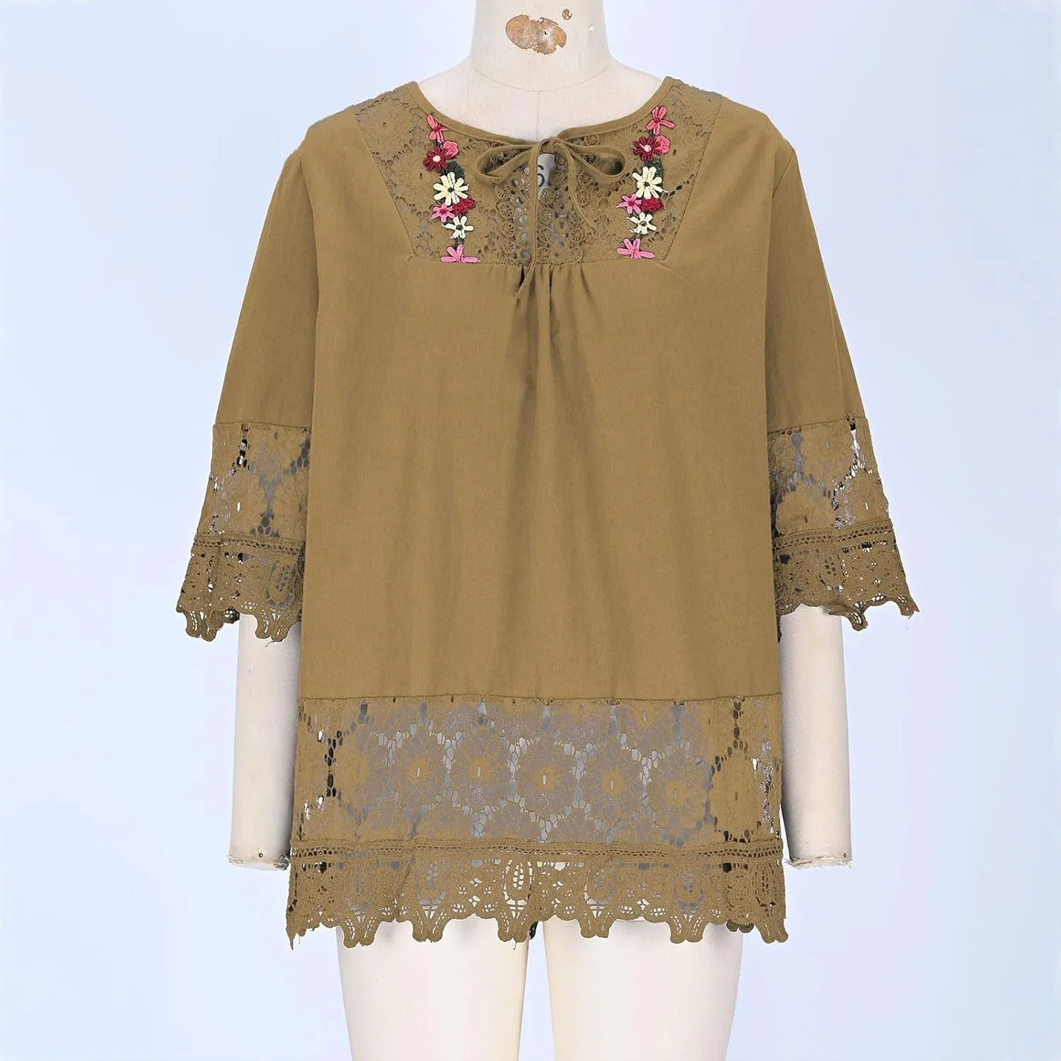 Finelylove Womens Cotton Linen Embroidered Tops Loose Fit 3/4 Sleeve Boho Peasant Blouse Lace Shirts Summer Clothes 2025