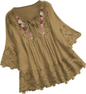 Finelylove Womens Cotton Linen Embroidered Tops Loose Fit 3/4 Sleeve Boho Peasant Blouse Lace Shirts Summer Clothes 2025
