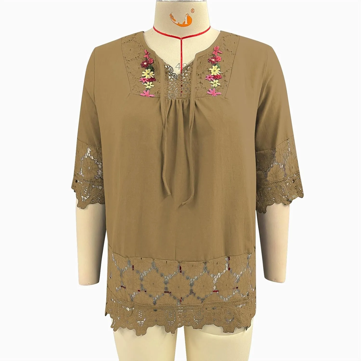 Finelylove Womens Cotton Linen Embroidered Tops Loose Fit 3/4 Sleeve Boho Peasant Blouse Lace Shirts Summer Clothes 2025