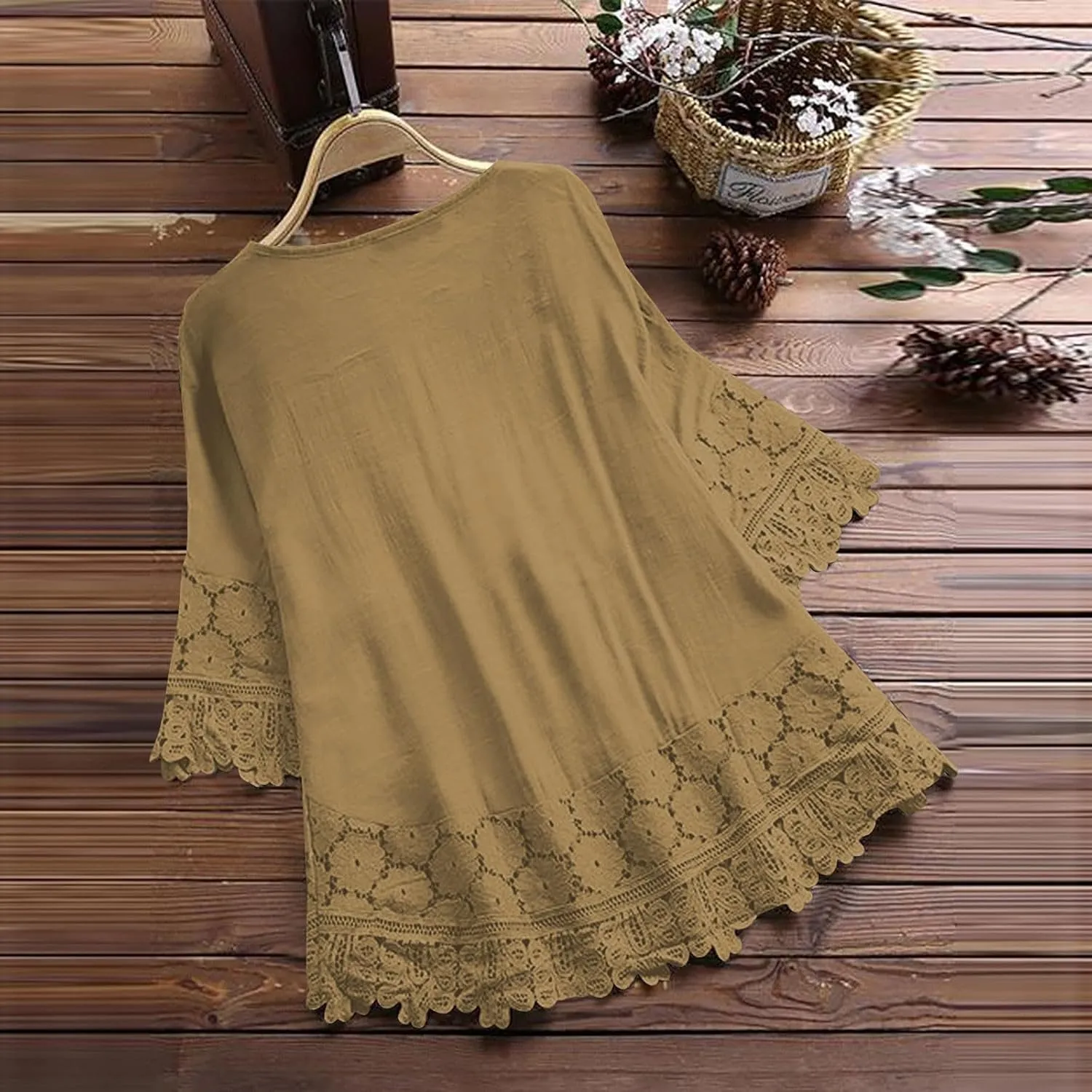 Finelylove Womens Cotton Linen Embroidered Tops Loose Fit 3/4 Sleeve Boho Peasant Blouse Lace Shirts Summer Clothes 2025