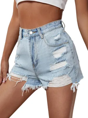 Floerns Women's Ripped Raw Hem High Waisted Distressed Denim Shorts