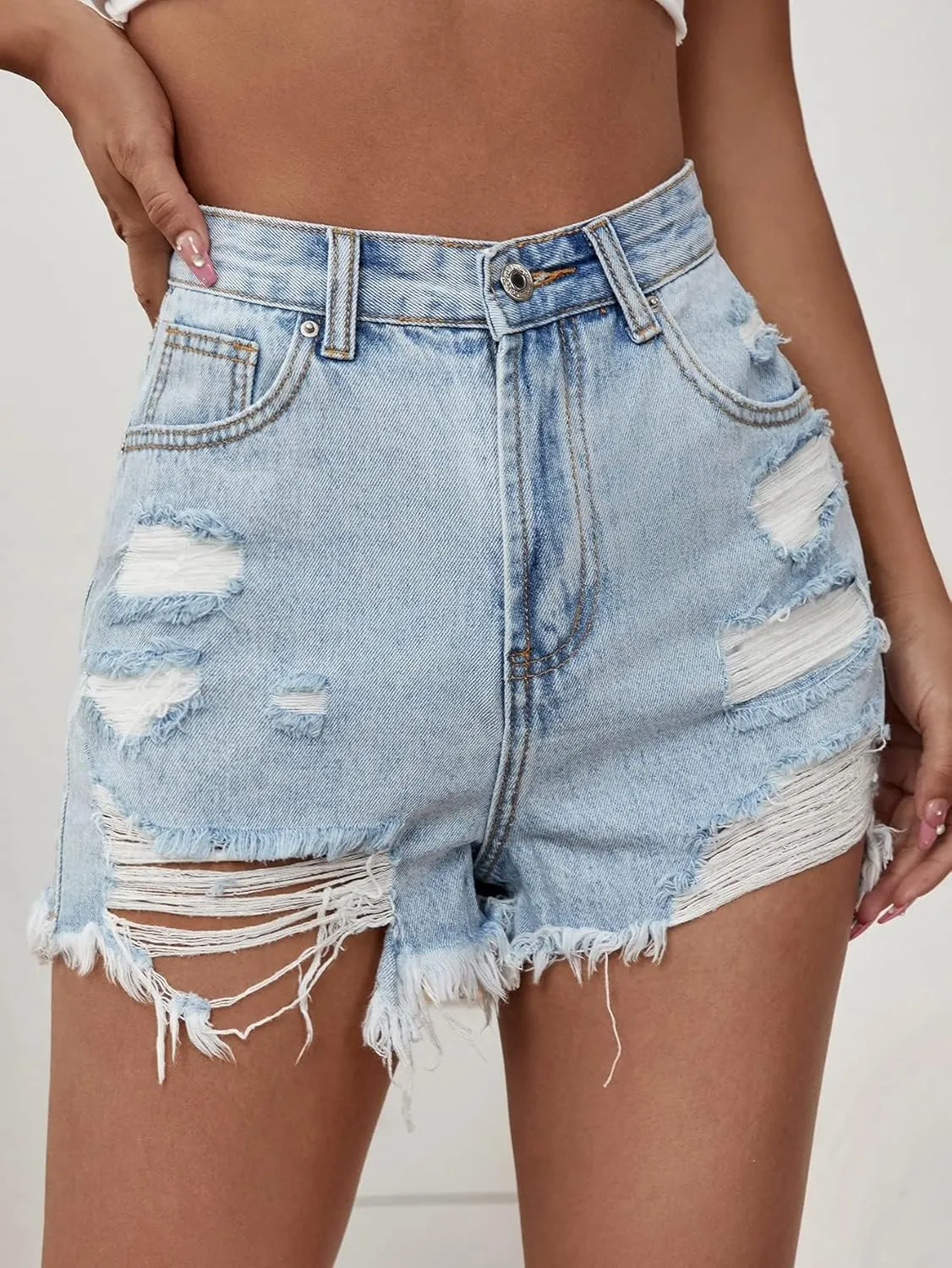 Floerns Women's Ripped Raw Hem High Waisted Distressed Denim Shorts