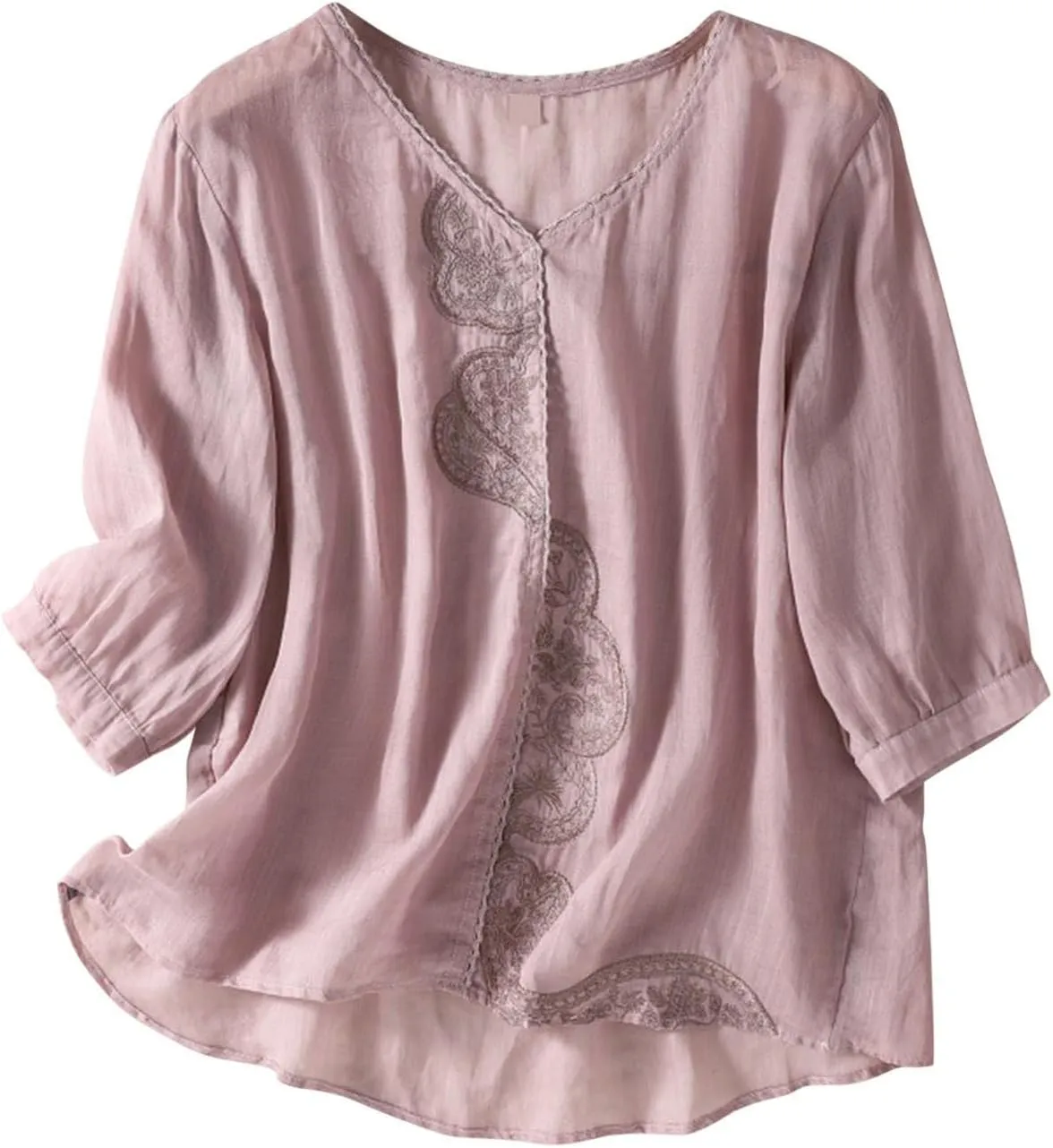 Floral Embroidered Tops Cotton Linen Shirts for Women 2025 Boho Ethnic Style 3/4 Sleeve V Neck Button Tunic Tshirt