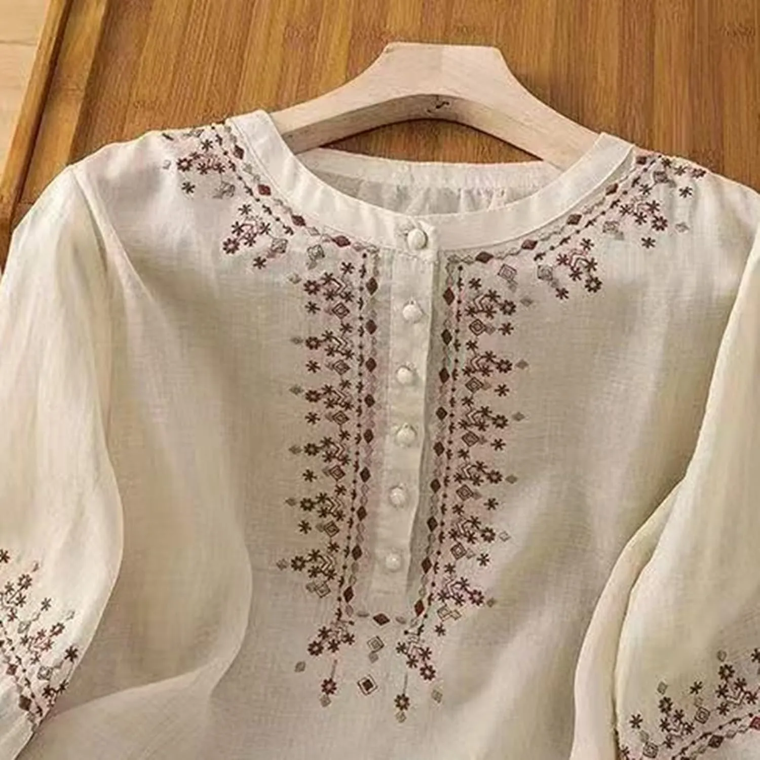 Floral Embroidered Tops Cotton Linen Shirts for Women 2025 Boho Ethnic Style 3/4 Sleeve V Neck Button Tunic Tshirt