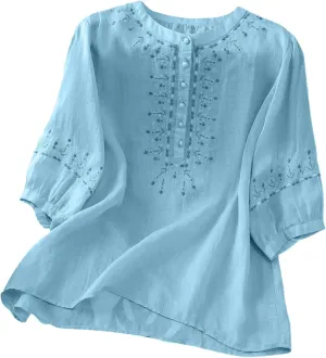 Floral Embroidered Tops Cotton Linen Shirts for Women 2025 Boho Ethnic Style 3/4 Sleeve V Neck Button Tunic Tshirt