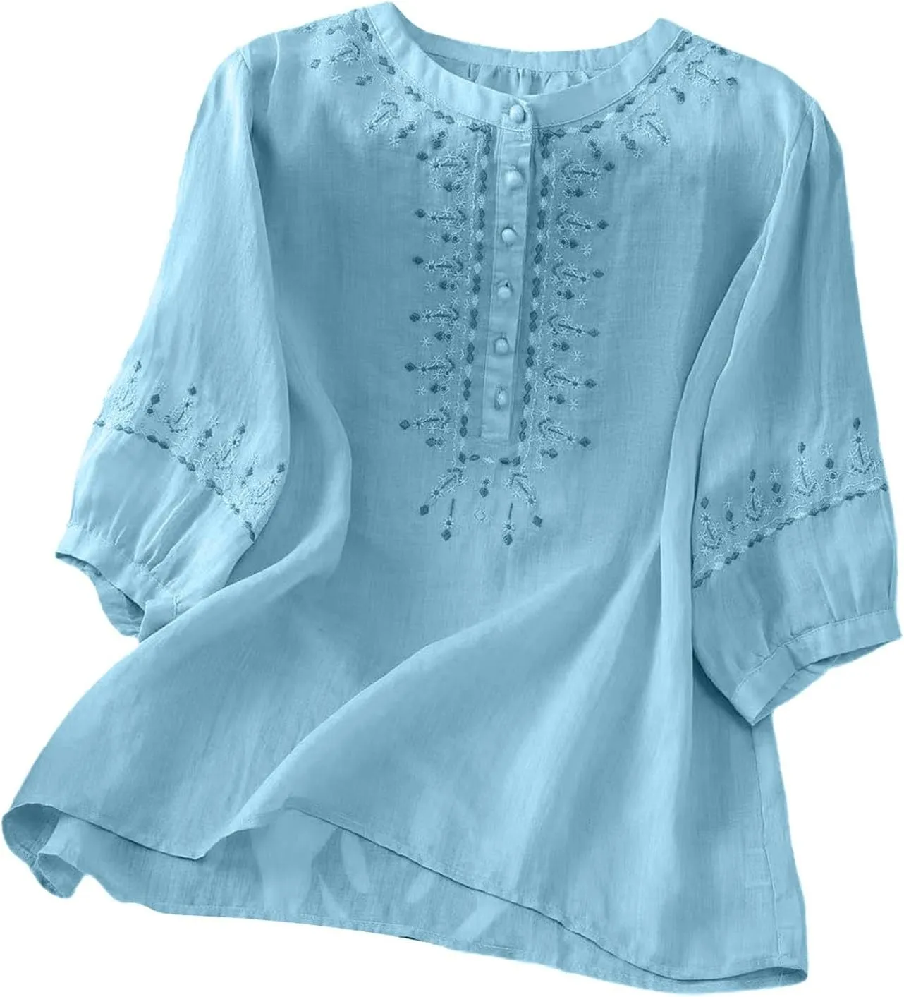 Floral Embroidered Tops Cotton Linen Shirts for Women 2025 Boho Ethnic Style 3/4 Sleeve V Neck Button Tunic Tshirt