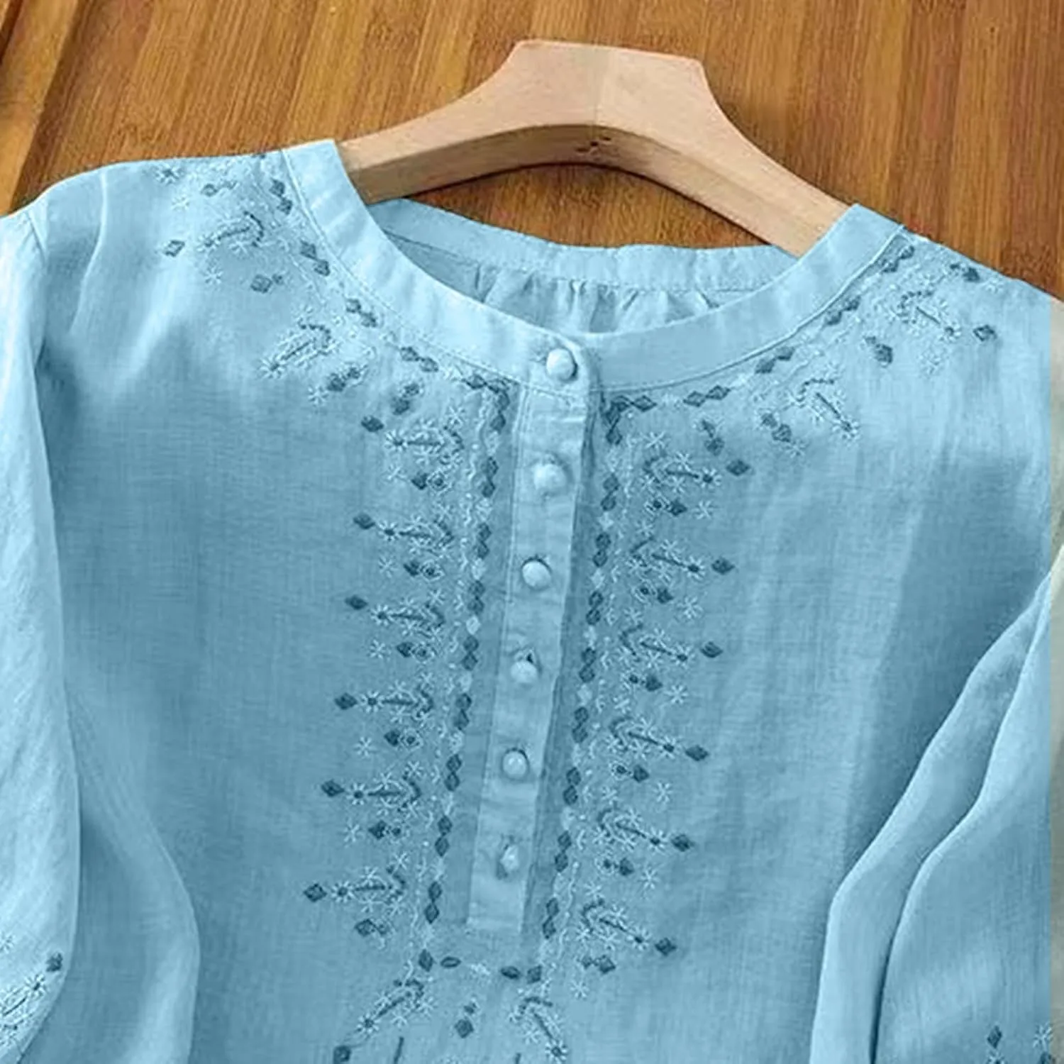 Floral Embroidered Tops Cotton Linen Shirts for Women 2025 Boho Ethnic Style 3/4 Sleeve V Neck Button Tunic Tshirt