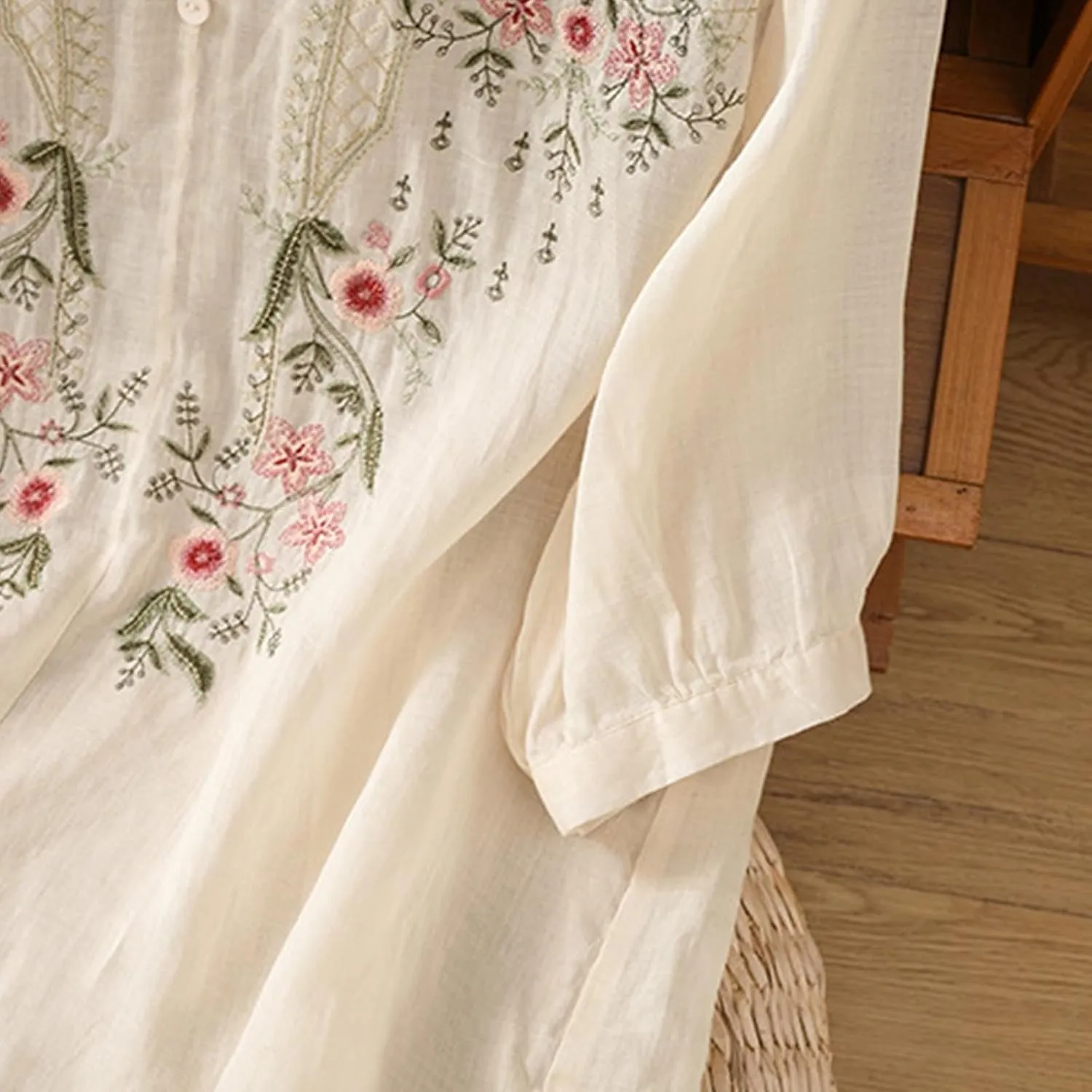 Floral Embroidered Tops Cotton Linen Shirts for Women 2025 Boho Ethnic Style 3/4 Sleeve V Neck Button Tunic Tshirt