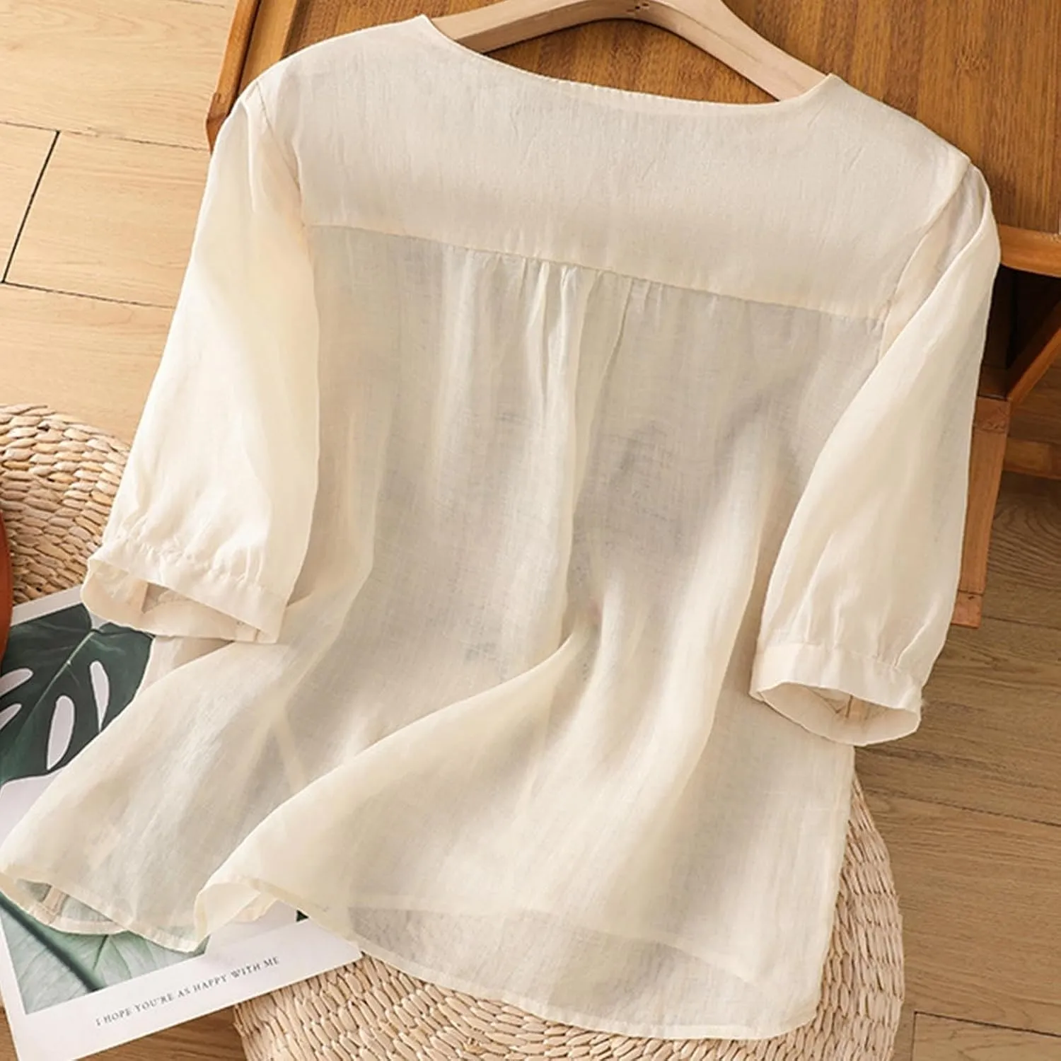 Floral Embroidered Tops Cotton Linen Shirts for Women 2025 Boho Ethnic Style 3/4 Sleeve V Neck Button Tunic Tshirt